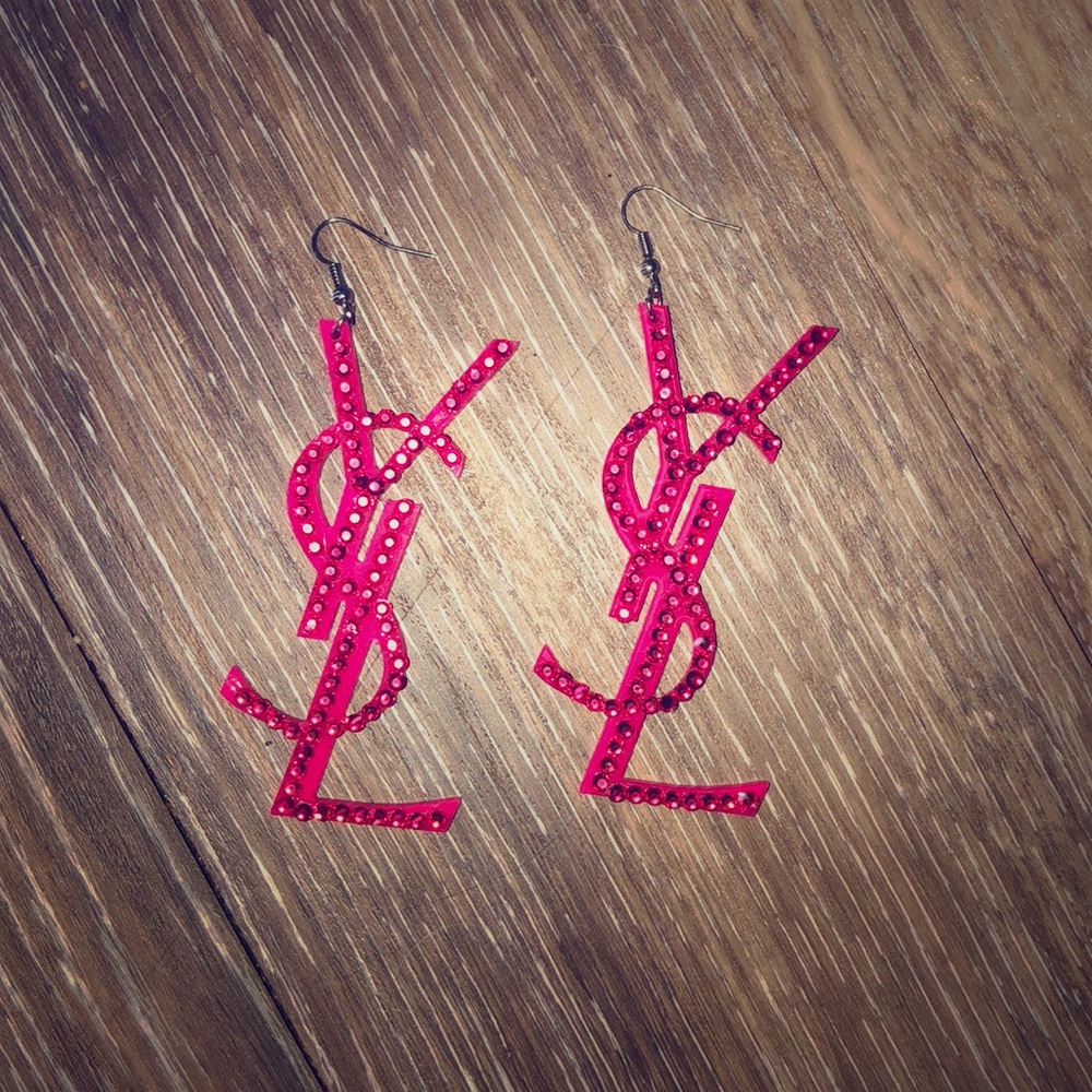 YSL earrings, plastic, bedazzled